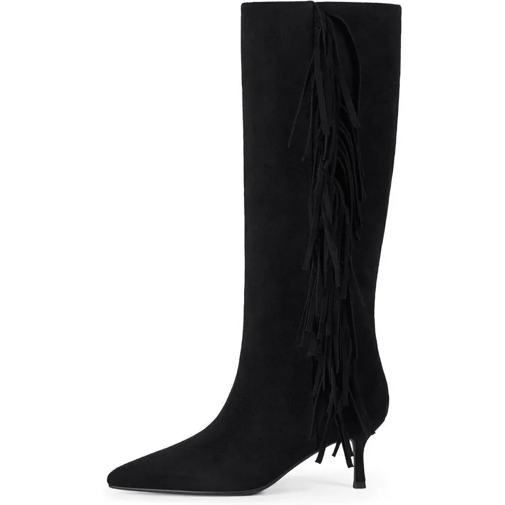 Women Suede Black Knee High Boots Kitten Heels Tall Pointed Toe Long Boots